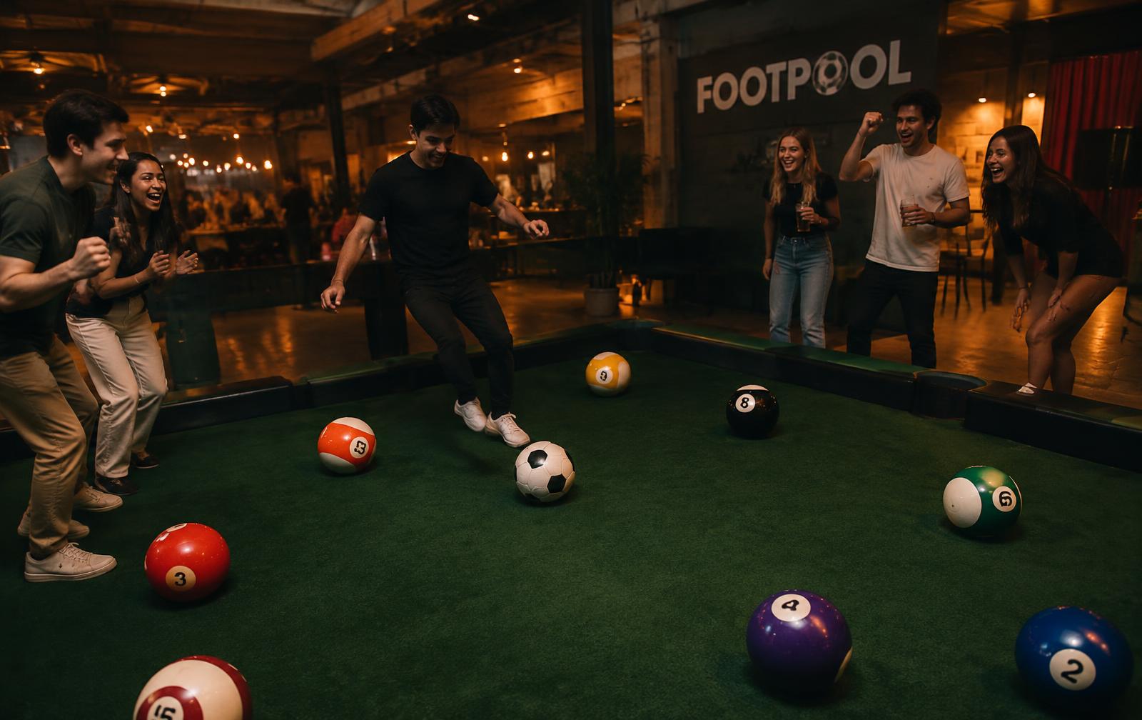 Concept visual of friends cheering around a footpool arena